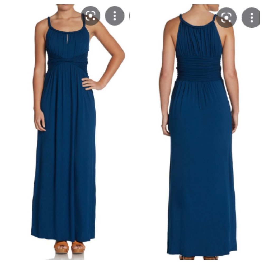 max studio blue grecian maxi keyhole empire braided long ruched jersey dress s